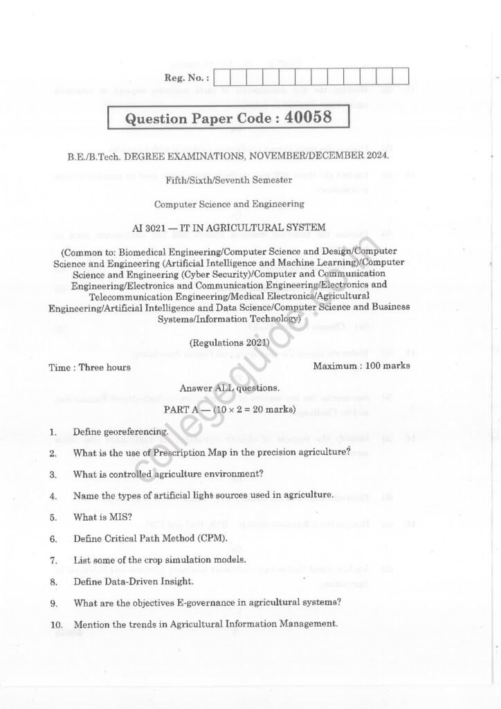 IT in Agricultural system R2021 Anna University Question Paper November/December 2024