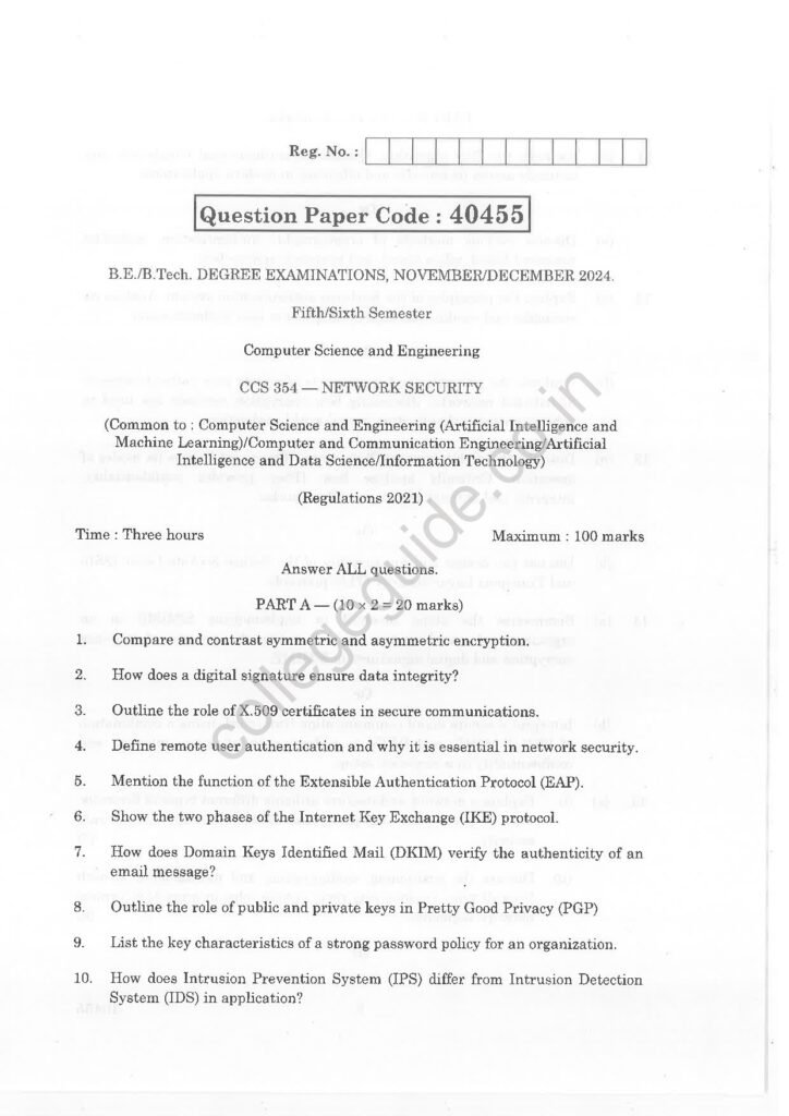 CCS354 Network Security R2021 Anna University Question Paper November/December 2024