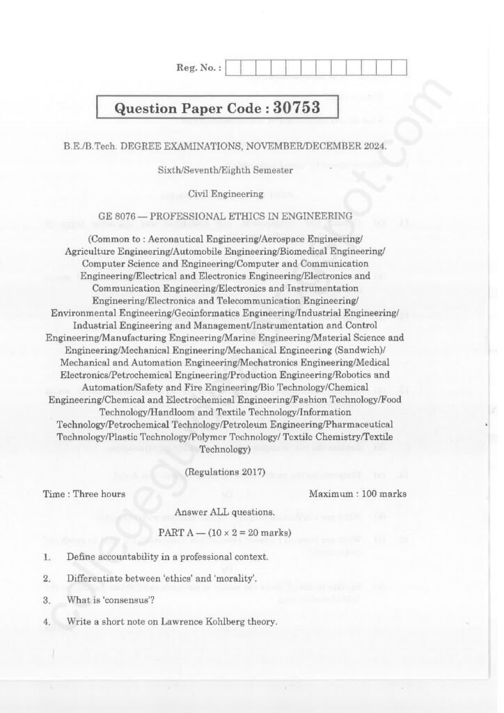 GE8076 Professional Ethics in Engineering R2021 Anna University Question paper