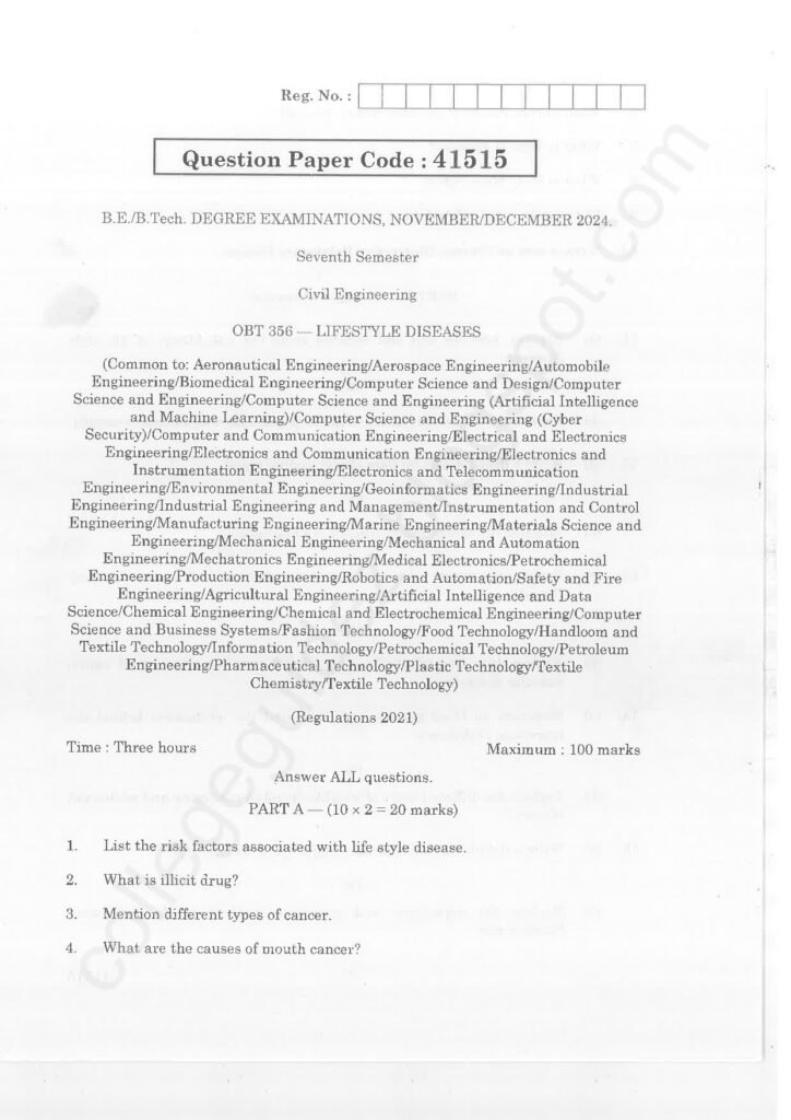 OBT356 Lifestyle Diseases R2021 Anna University Question Paper