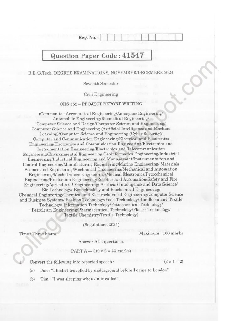 OHS352 Project Report Writing R2021 Anna University Question Paper November/December 2024