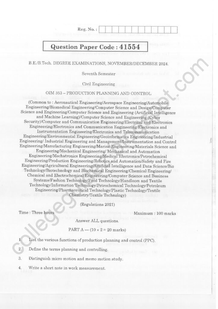 OIM353 Production Planning and Control R2021 Anna University Question Paper November/December 2024