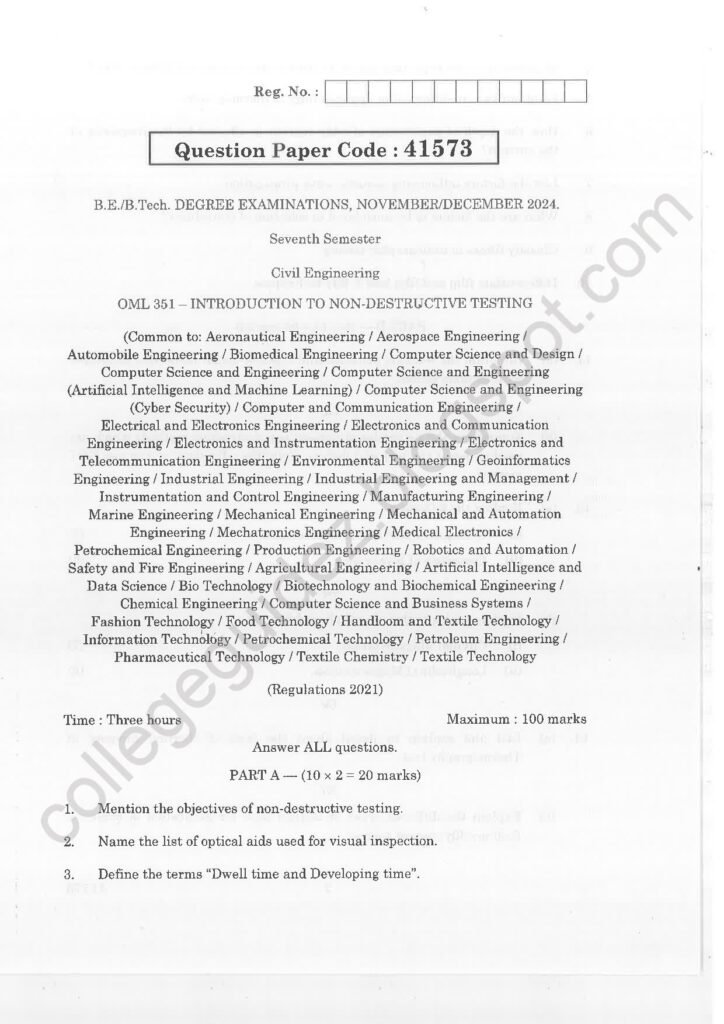 OML351 Introduction to Non-Destructive Testing R2021 Anna University Question Paper November/December 2024