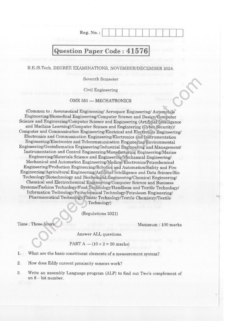 OMR351 Mechatronics R2021 Anna University Question Paper November/December 2024