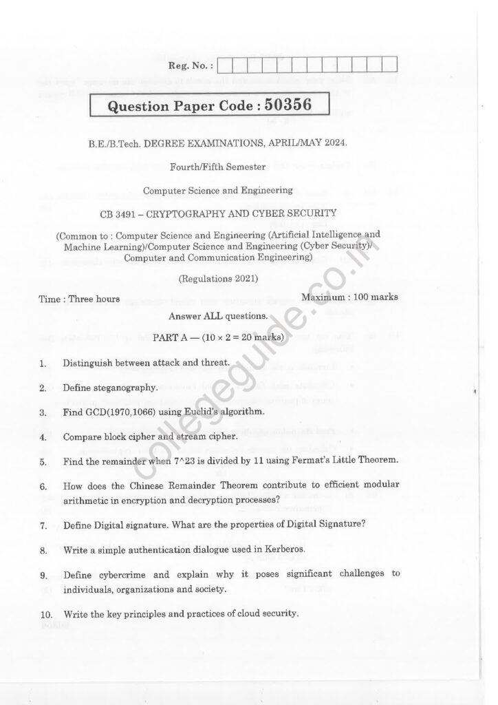 CB3491 Cryptography and Cyber Security R2021 Anna University Question Paper April/May 2024