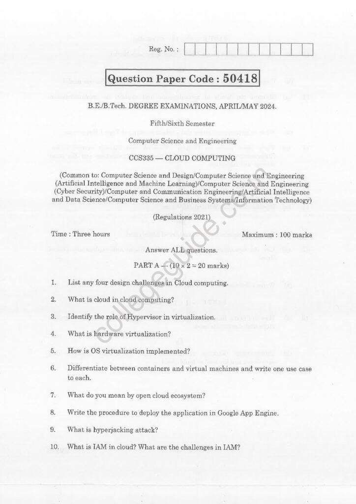 CCS335 Cloud Computing R2021 Anna University Question Paper April/May 2024
