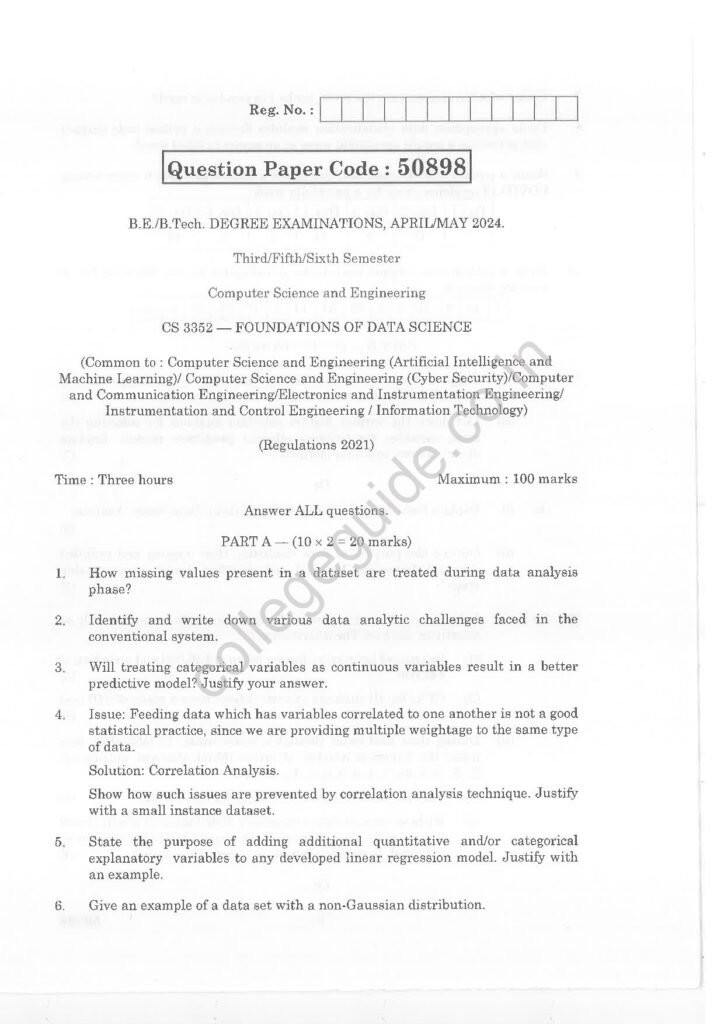 CS3352 Foundations of Data Science R2021 Anna University Question Paper April/May 2024