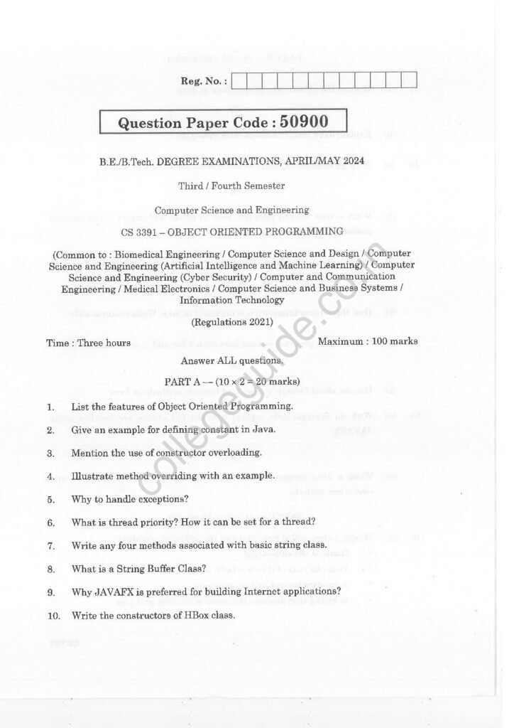 CS3391 Object Oriented Programming R2021 Anna University Question Paper April/May 2024