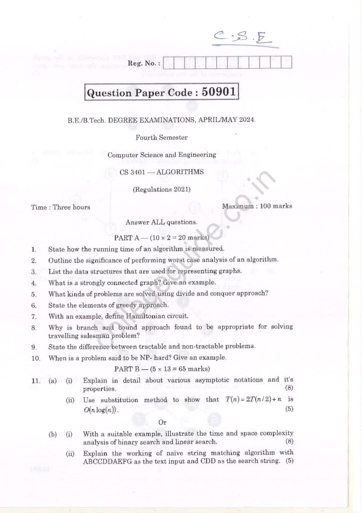 CS3401 Algorithms R2021 Anna University Question Paper April/May 2024