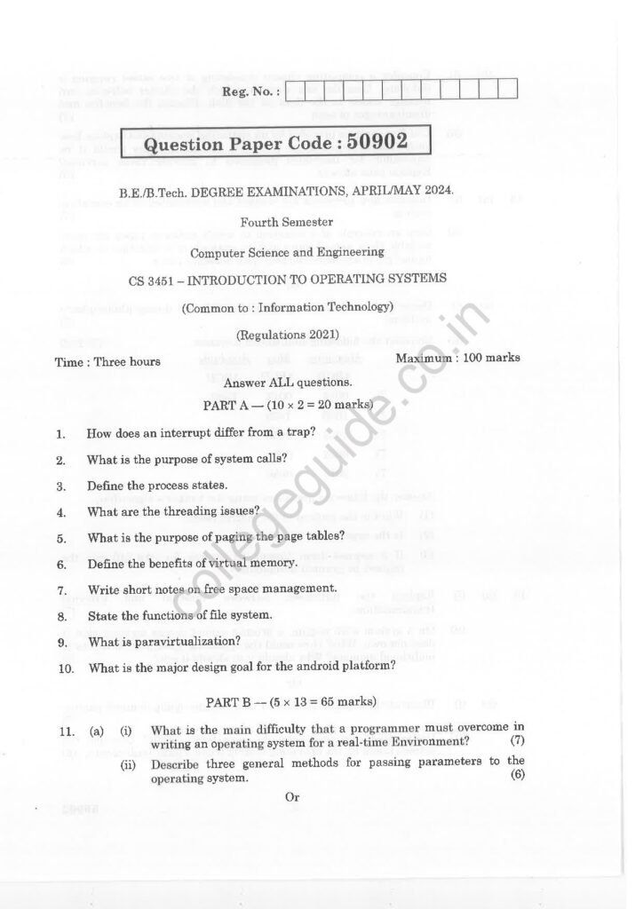 CS3451 Introduction to Operating Systems R2021 Anna University Question Paper April/May 2024