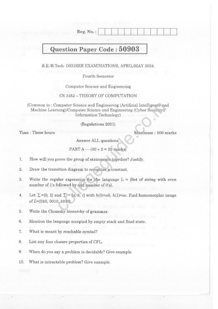 CS3452 Theory of Computation R2021 Anna University Question Paper April/May 2024