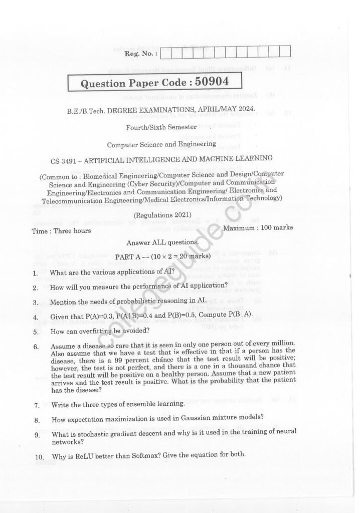 CS3491 Artificial Intelligence and Machine Learning R2021 Anna University Question Paper April/May 2024