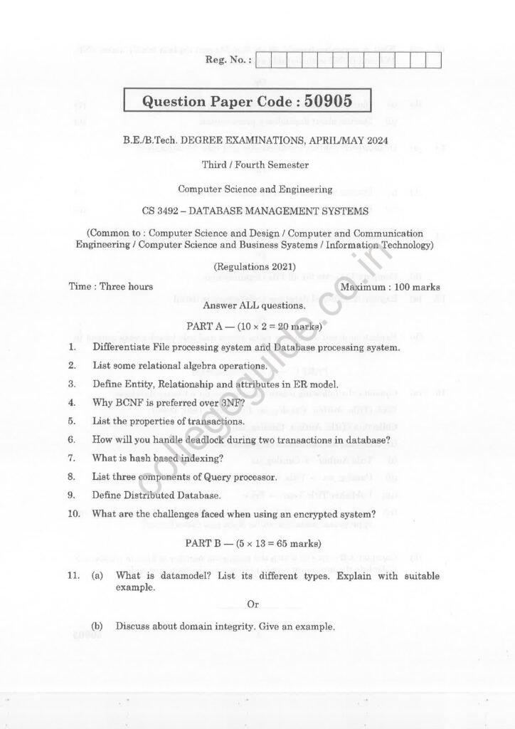 CS3492 Database Management Systems R2021 Anna University Question Paper April/May 2024