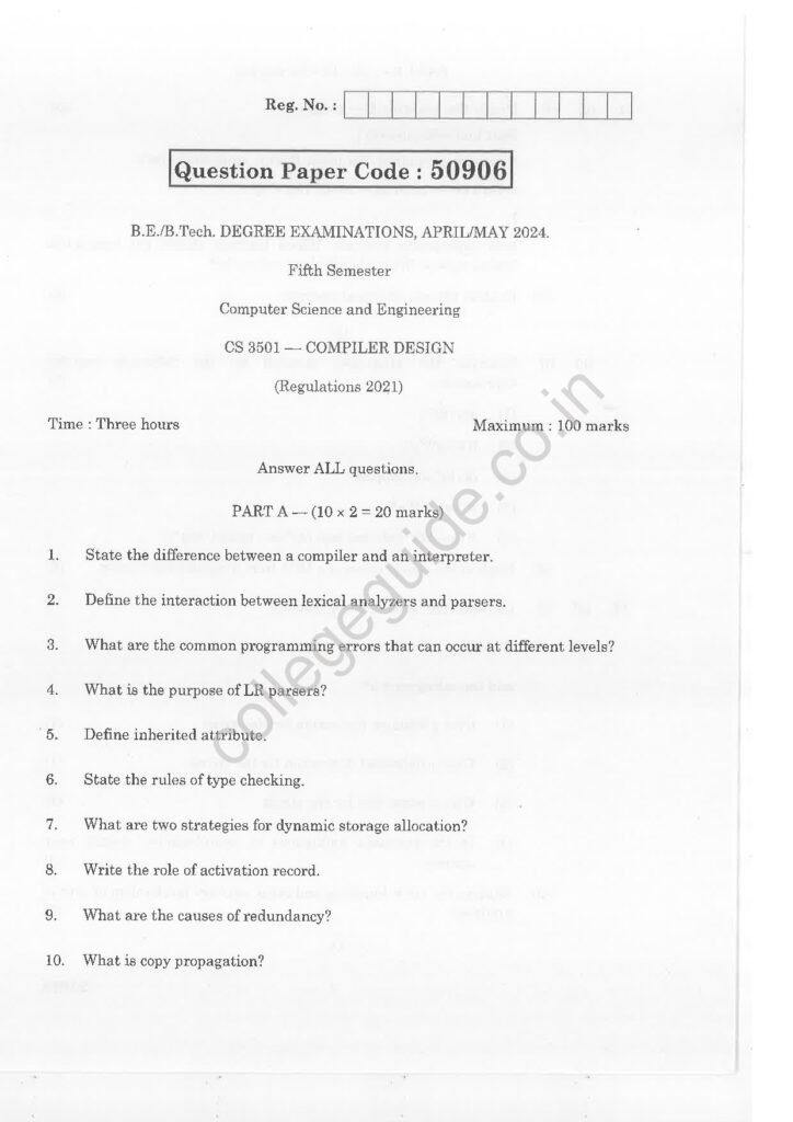 CS3501 Compiler Design R2021 Anna University Question Paper April/May 2024