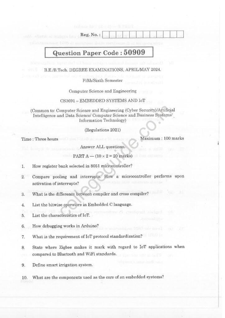 CS3691 Embedded Systems and IoT R2021 Anna University Question Paper April/May 2024
