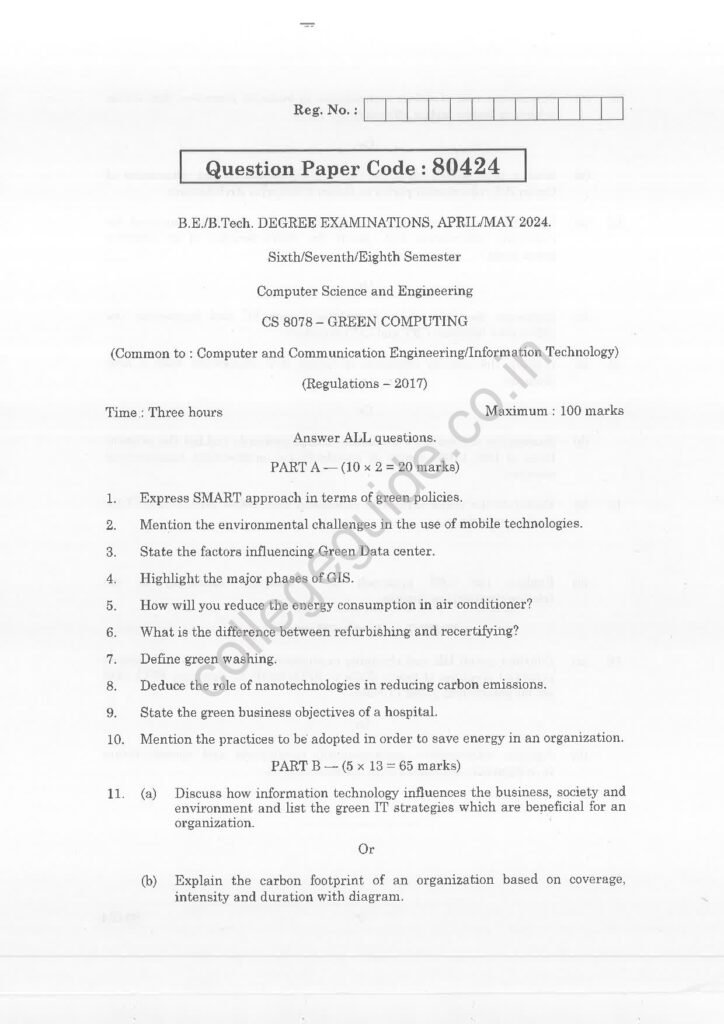 CS8078 Green Computing R2017 Anna University Question Paper April/May 2024