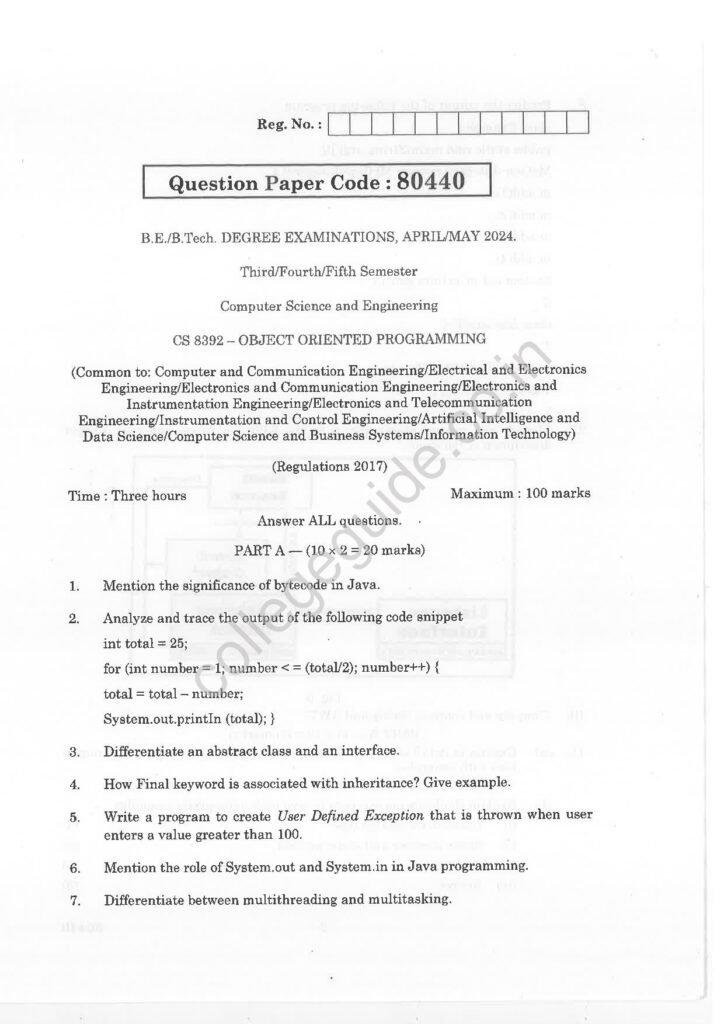 CS8392 Object Oriented Programming R2017 Anna University Question Paper April/May 2024