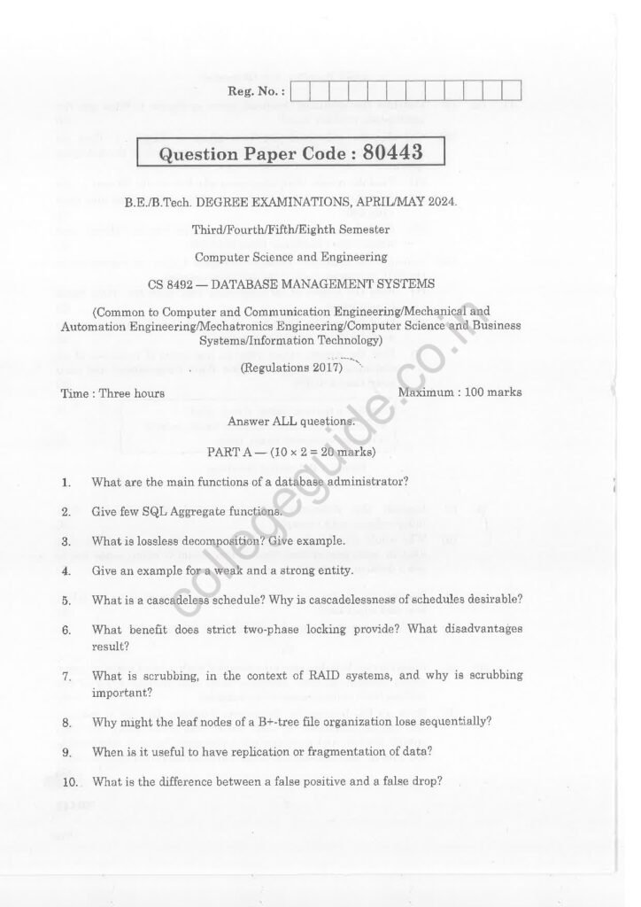 CS8492 Database Management Systems R2017 Anna University Question Paper April/May 2024