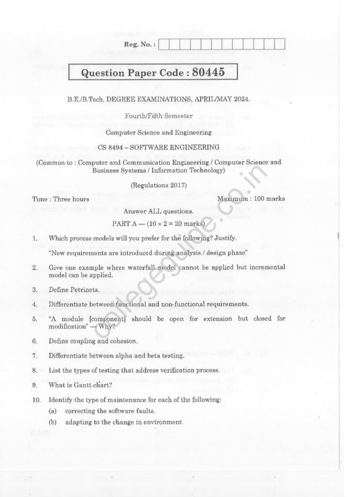 CS8494 Software Engineering R2017 Anna University Question Paper April/May 2024