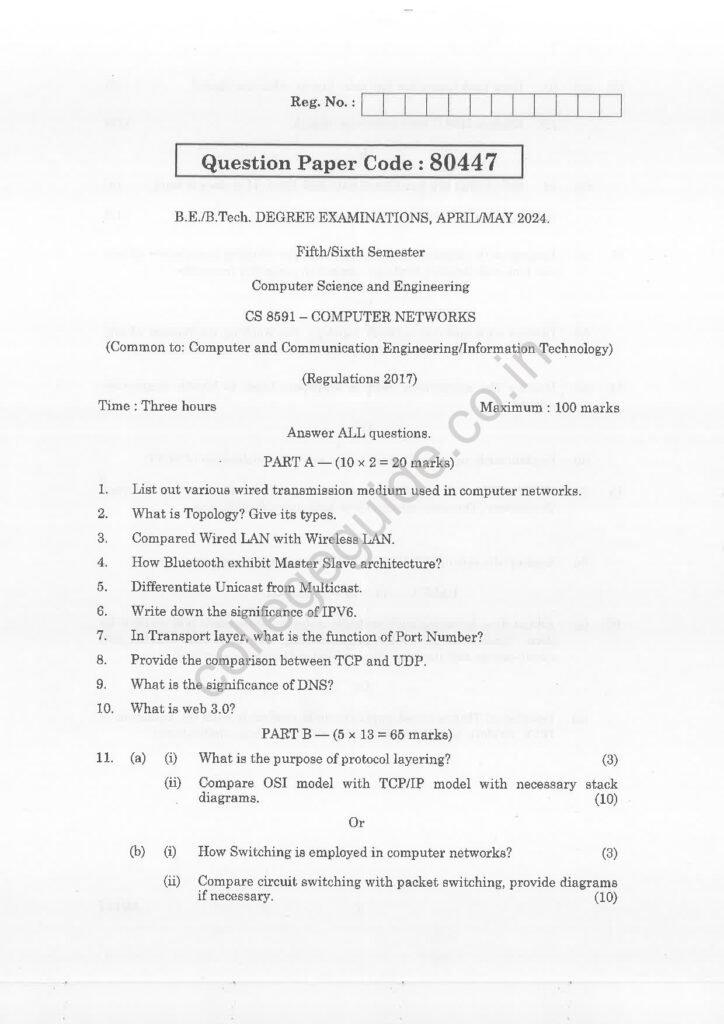 CS8591 Computer Networks R2017 Anna University Question Paper April/May 2024