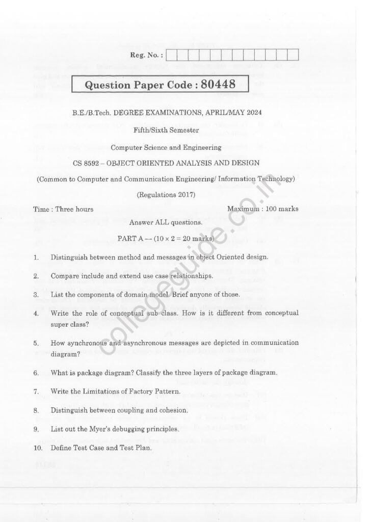 CS8592 Object Oriented Analysis and Design R2017 Anna University Question Paper April/May 2024