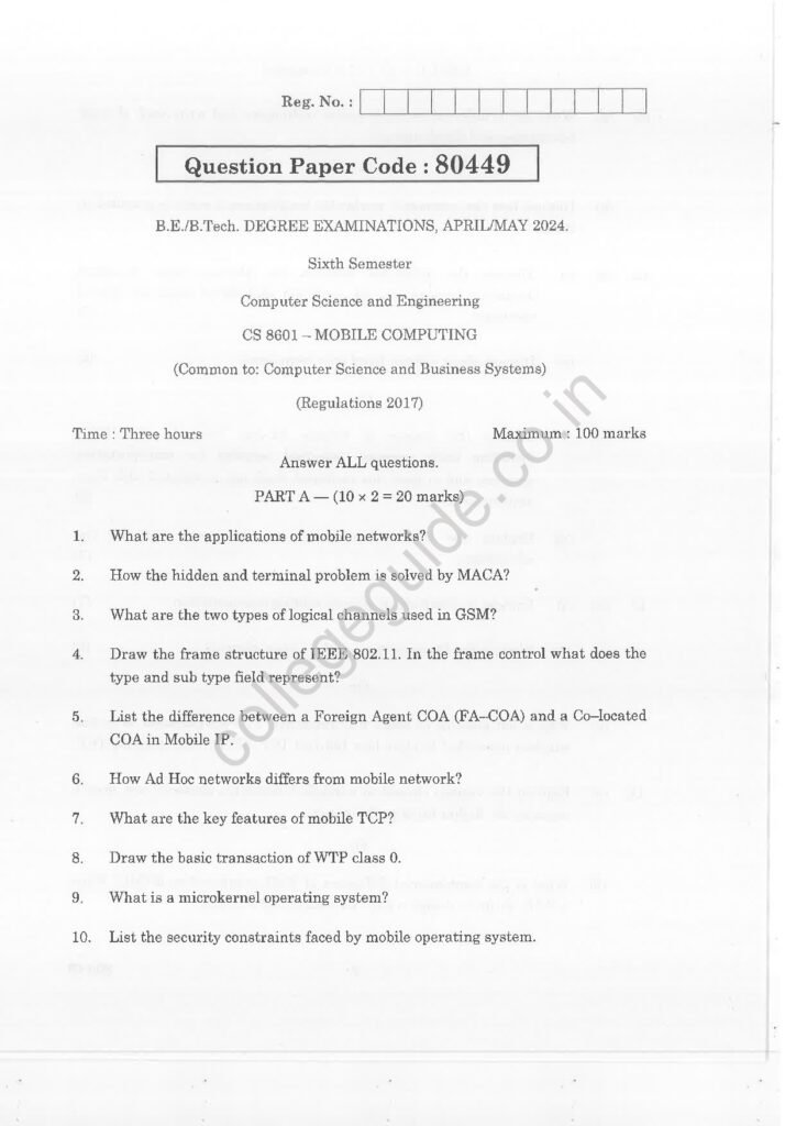 CS8601 Mobile Computing R2017 Anna University Question Paper April/May 2024