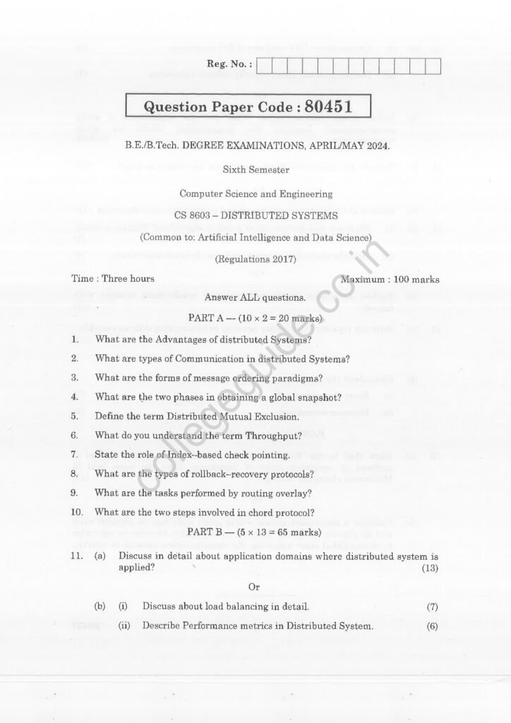 CS8603 Distributed Systems R2017 Anna University Question Paper April/May 2024