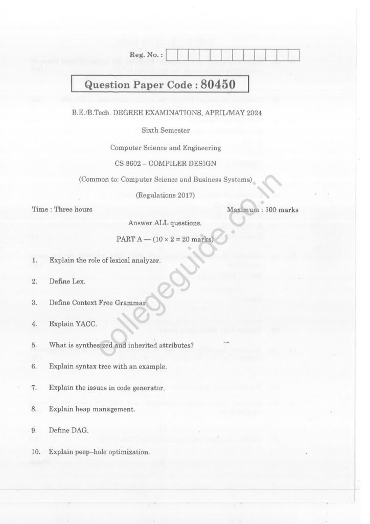 CS8602 Compiler Design R2017 Anna University Question Paper April/May 2024