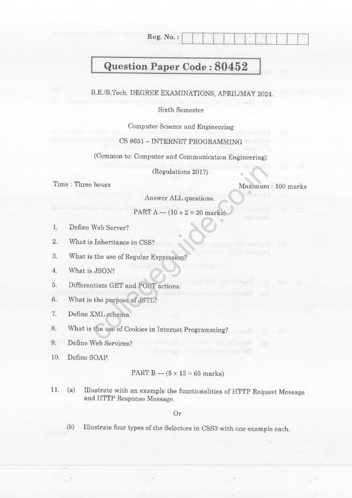 CS8651 Internet Programming R2017 Anna University Question Paper April/May 2024