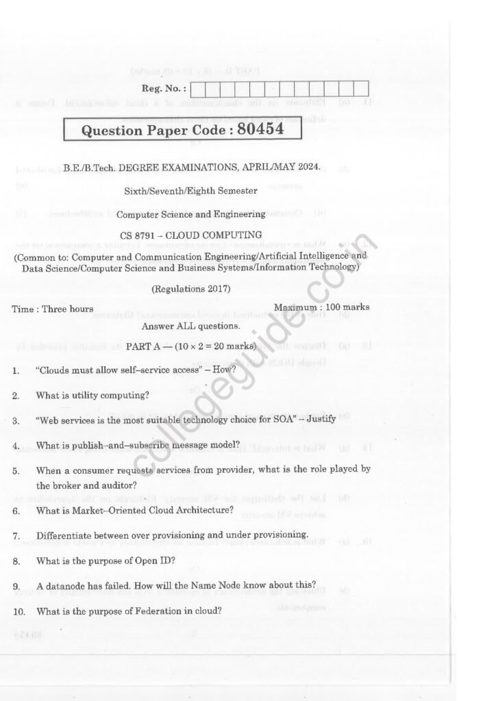 CS8791 Cloud Computing R2017 Anna University Question Paper April/May 2024