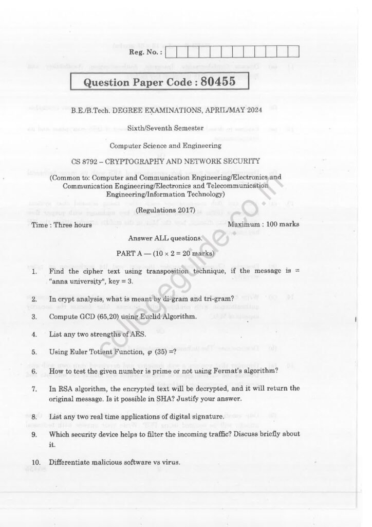 CS8792 Cryptography and Network Security R2017 Anna University Question Paper April/May 2024