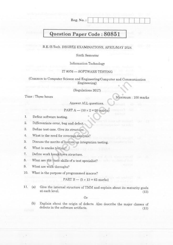 IT8076 Software Testing R2017 Anna University Question Paper April/May 2024