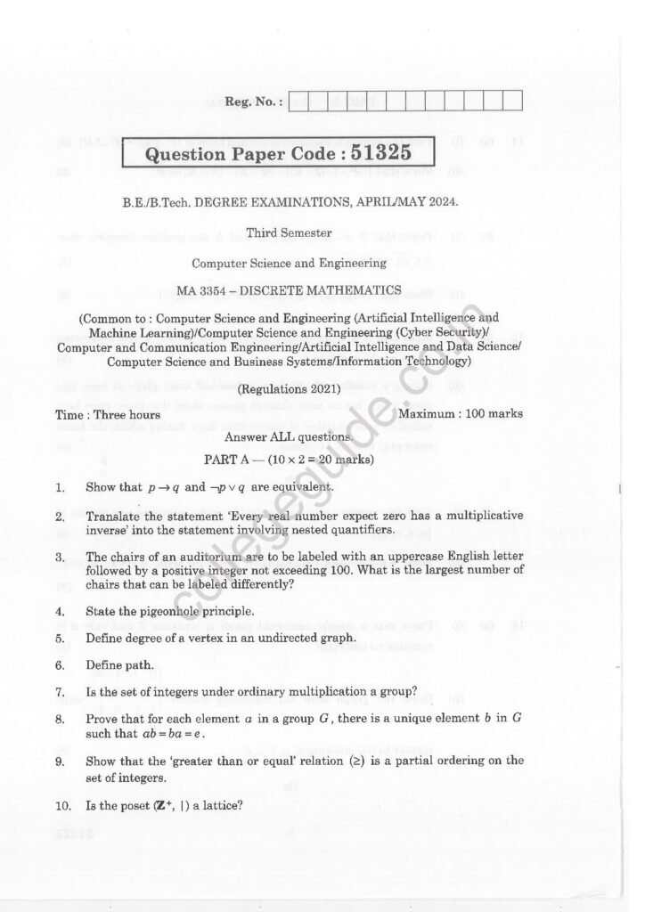 MA3354 Discrete Mathematics R2021 Anna University Question Paper April/May 2024