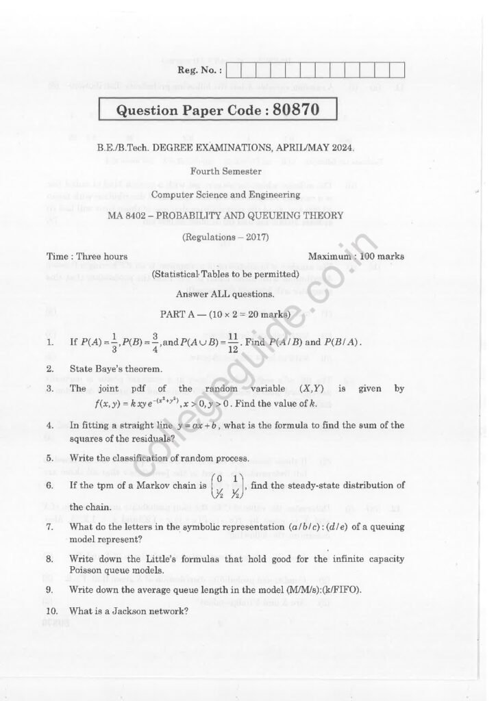MA8402 Probability and Queueing Thoery R2017 Anna University Question Paper April/May 2024