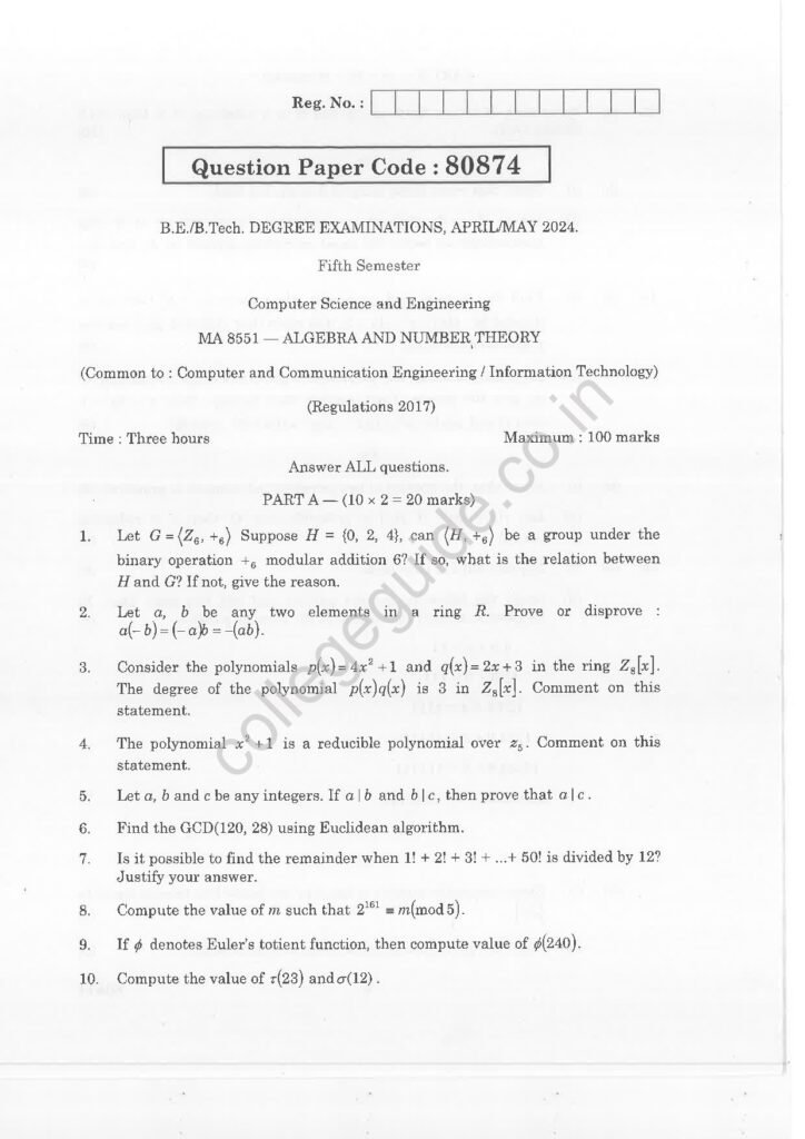 MA8551 Algebra and Number Theory R2017 Anna University Question Paper April/May 2024