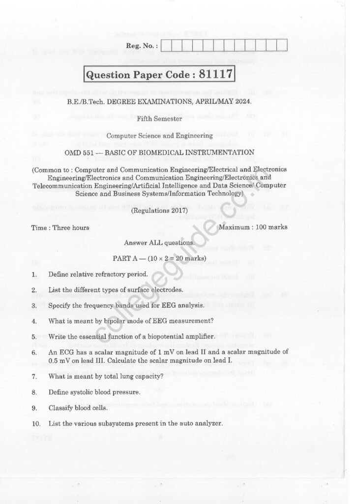 OMD551 Basic of Biomedical Instrumentation R2017 Anna University Question Paper April/May 2024