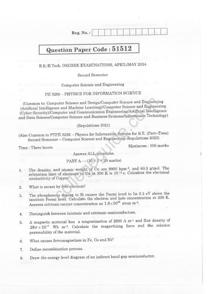 PH3256 Physics for Information Science R2021 Anna University Question Paper April/May 2024