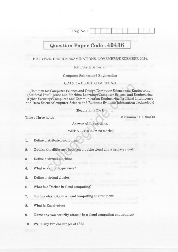 CCS335 Cloud Computing R2021 Anna University Question Paper November/December 2024