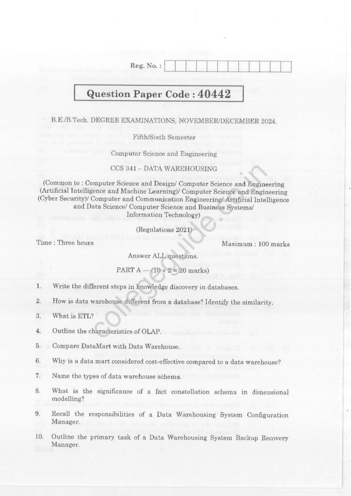 CCS341 Data Warehousing R2021 Anna University Question Paper November/December 2024
