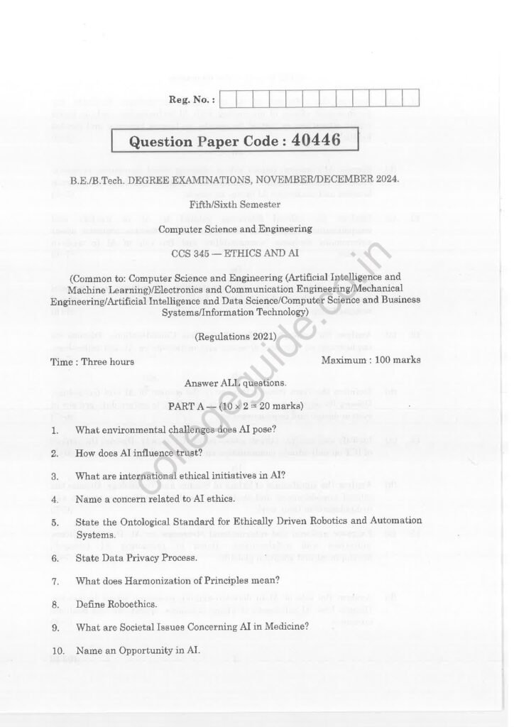 CCS345 Ethics and AI R2021 Anna University Question Paper November/December 2024