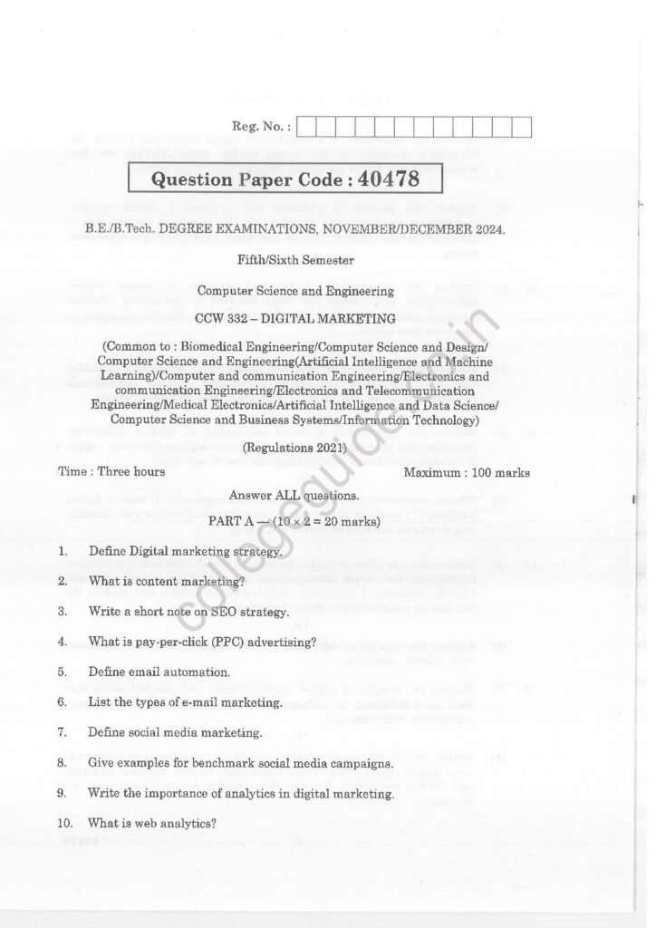 CCW332 Digital Marketing R2021 Anna University Question Paper November/December 2024