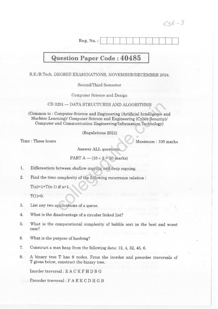 CD3291 Data Structures and Algorithms R2021 Anna University Question Paper November/December 2024
