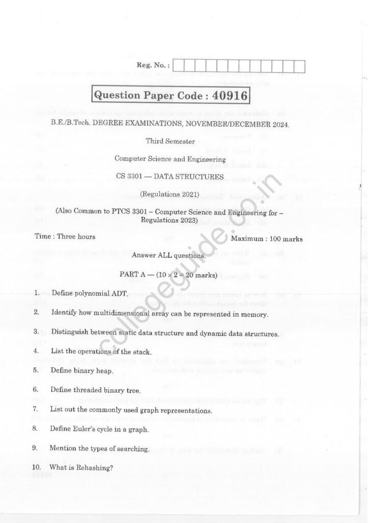 CS3301 Data Structures R2021 Anna University Question Paper November/December 2024
