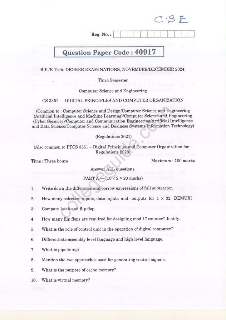 CS3351 Digital Principles and Computer Organization R2021 Anna University Question Paper November/December 2024