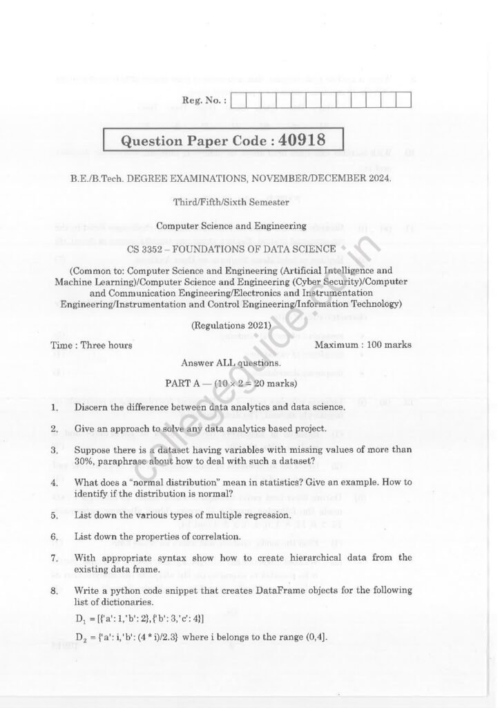 CS3352 Foundations of Data Science R2021 Anna University Question Paper November/December 2024
