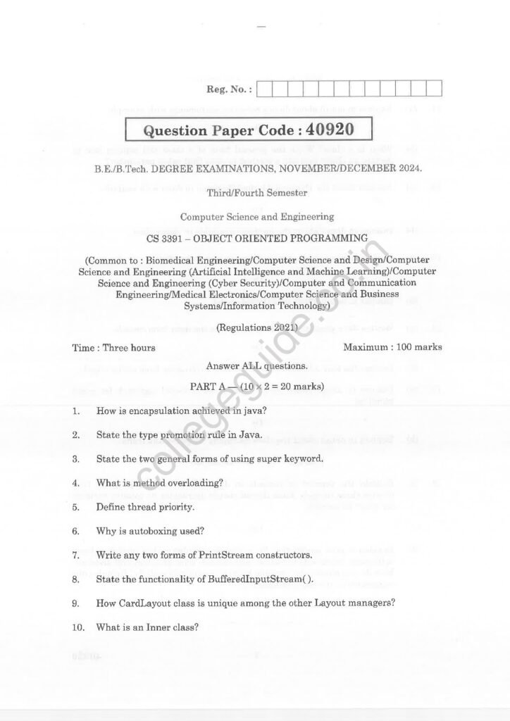 CS3391 Object Oriented Programming R2021 Anna University Question Paper November/December 2024