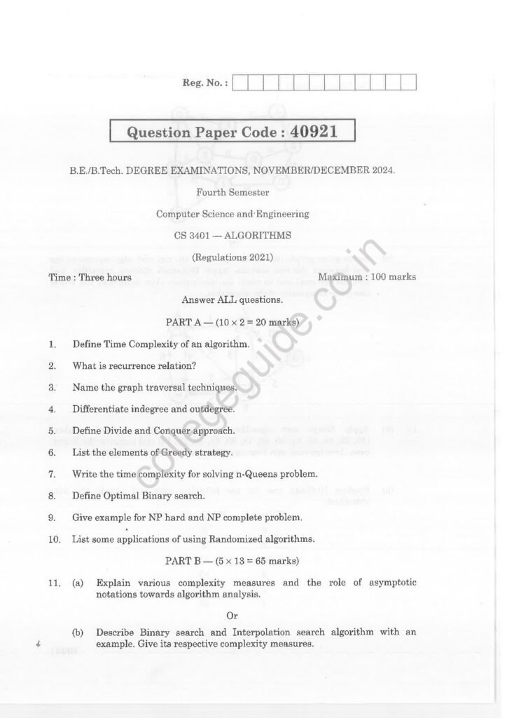 CS3401 Algorithms R2021 Anna University Question Paper November/December 2024