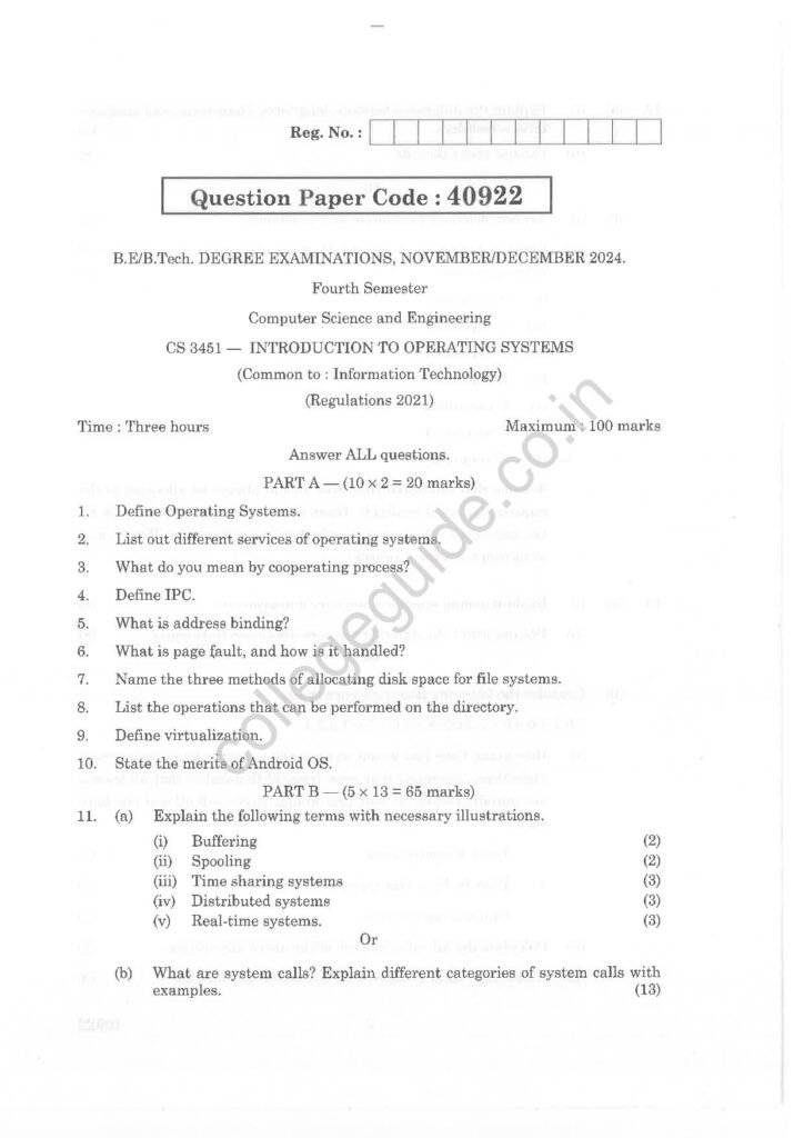 CS3451 Introduction to Operating Systems R2021 Anna University Question Paper November/December 2024