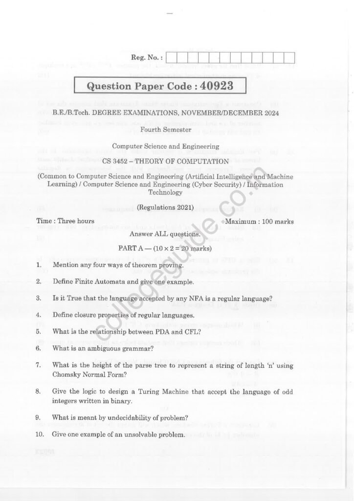 CS3452 Theory of Computation R2021 Anna University Question Paper November/December 2024