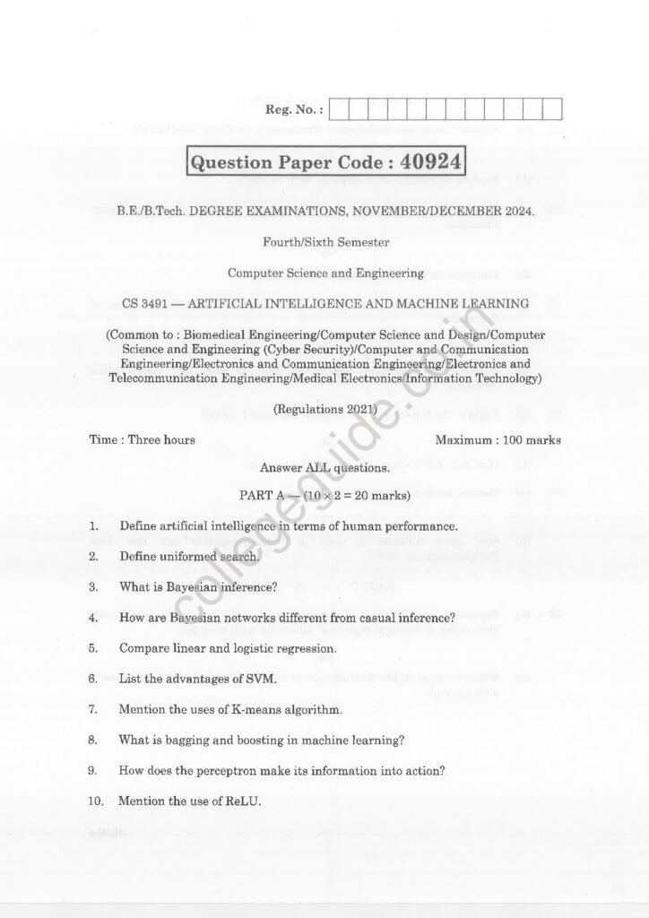 CS3491 Artificial and Machine Learning R2021 Anna University Question Paper November/December 2024